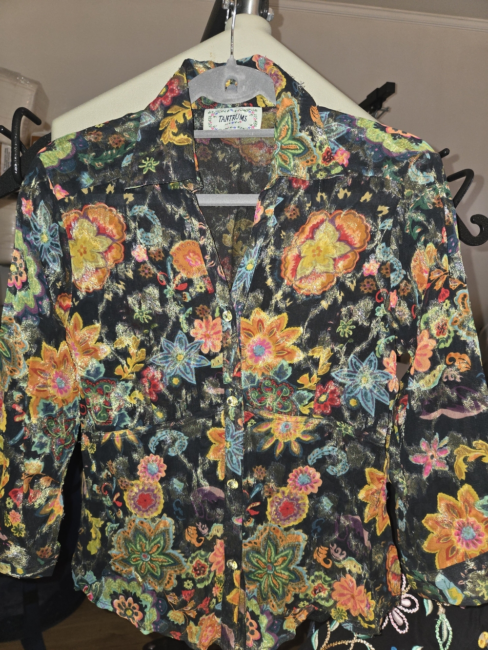 Tantrums Black Floral Button-Up Blouse with Multicolor Flowers